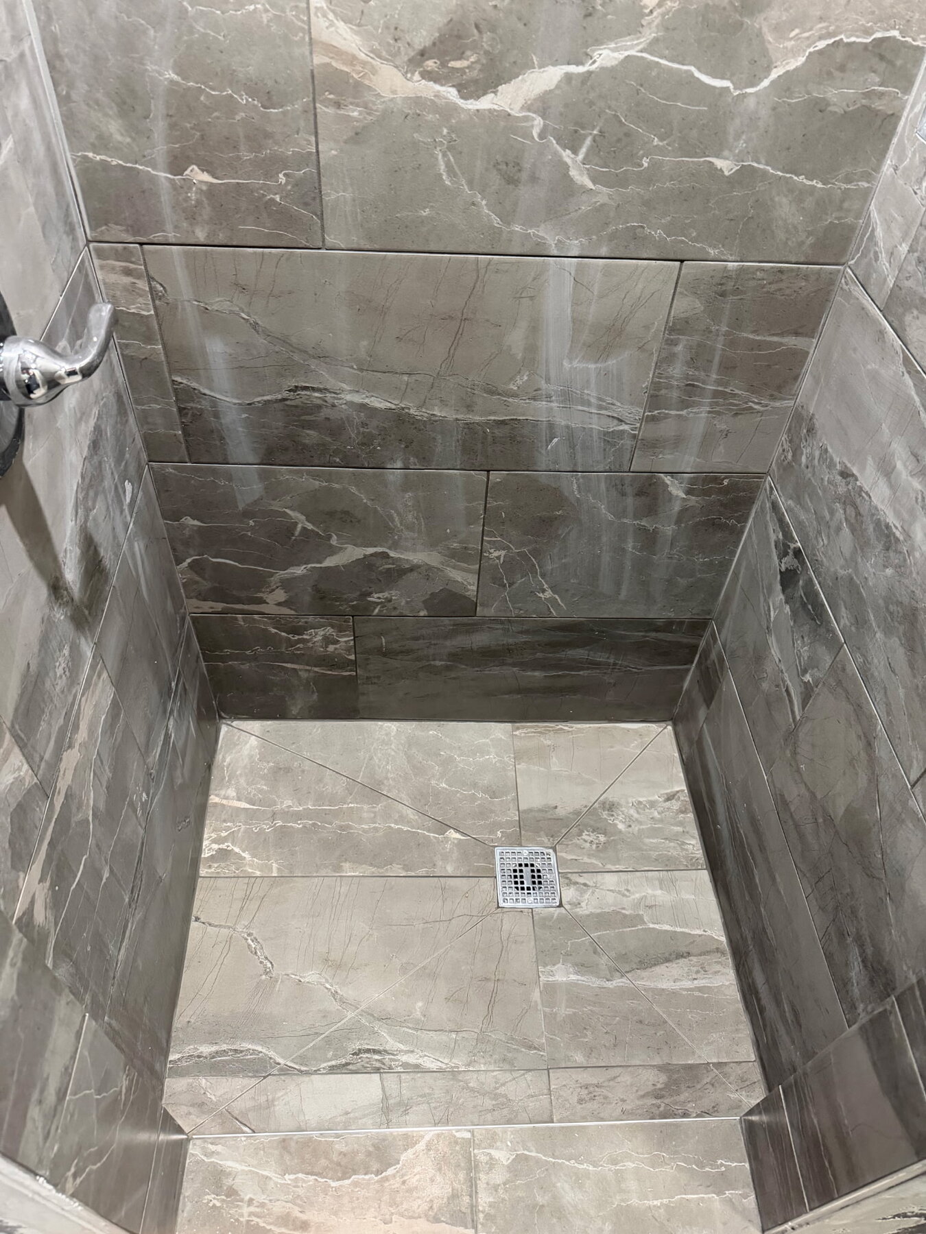 Finished tile shower remodel — gray marble look